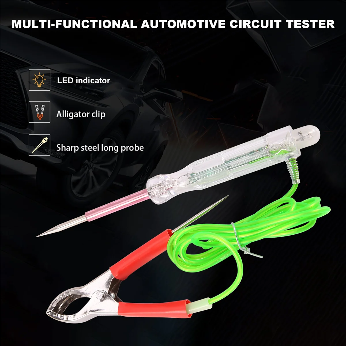 Tester per circuiti LED automobilistici 6-24V luce di prova con doppia sonda Clip a coccodrillo con filo antigelo da 47 pollici per Test