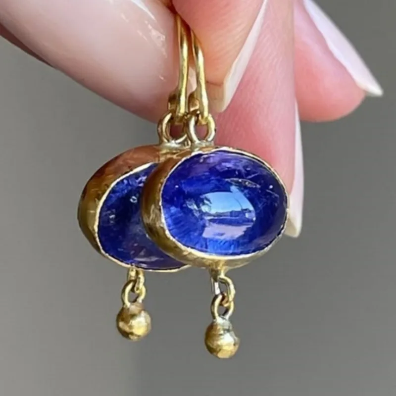 Fashion Oval Royal Blue Color Dangle Earrings Exquisite Gold Plated Pendant Earrings Elegant Banquet Wedding Jewelry