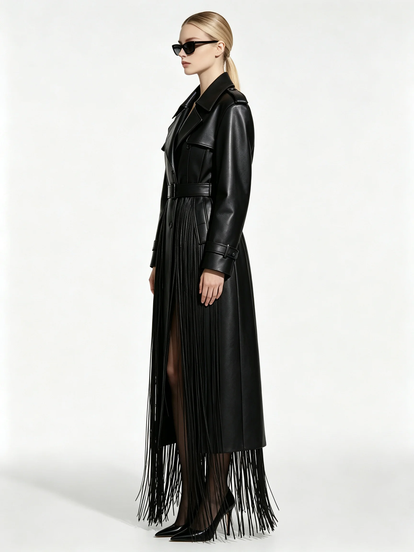 Women's Faux Leather Trench Coat with Double-Breasted Design and Long Fringe Detail