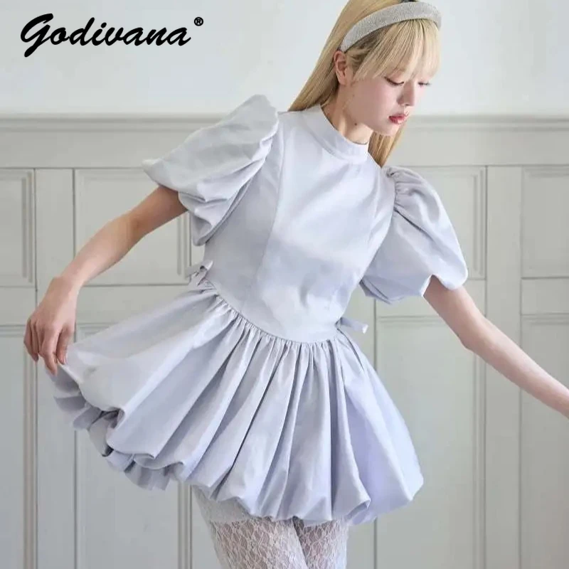 

Japanese Ballet Style Satin Balloon Bubble Sleeve Puffy Dress New Summer Stand Collar Slim Back Hollow Out Birthday Party Dress