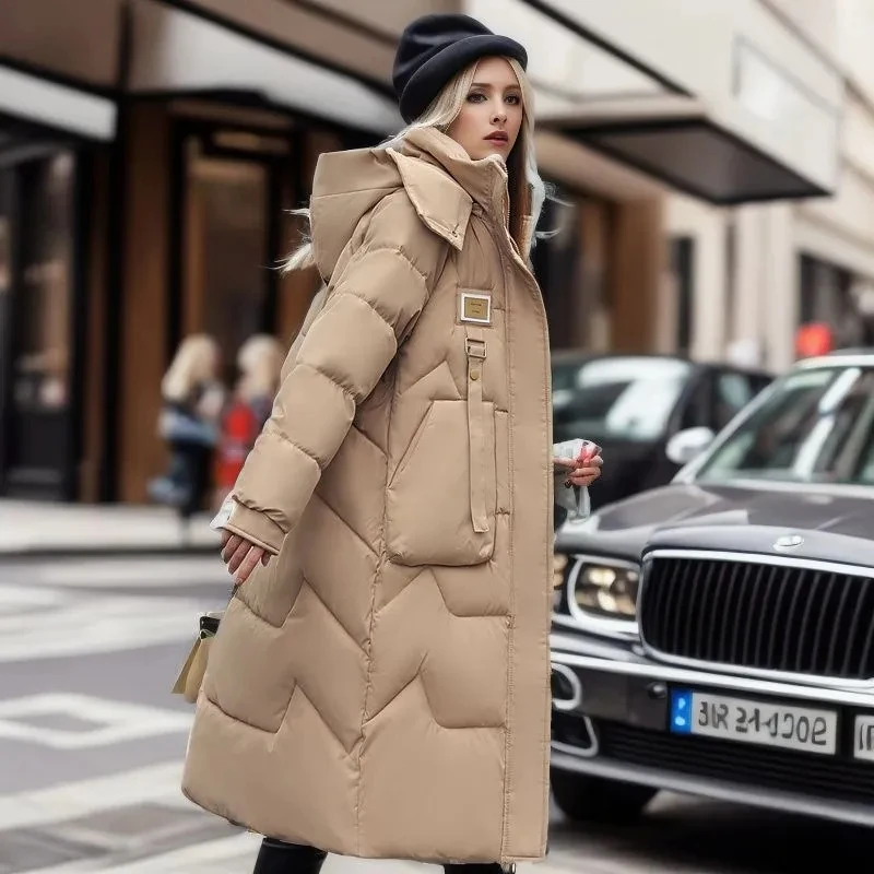 Parkas longas e quentes com capuz para mulheres, jaqueta, casaco de algodão espessado, à prova de vento, casaco de neve, moda feminina, novo