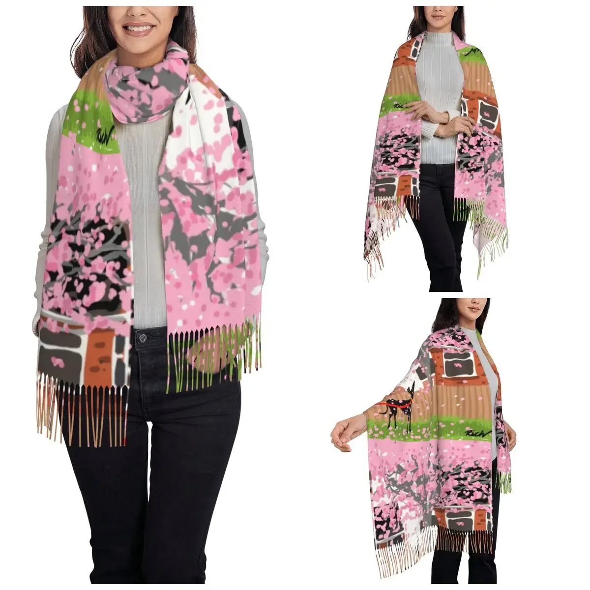 Blossom Hound Shawl Wrap for Ladies Warm Large Long Scarf Greyhound Whippet Lurcher Dog Pashmina Tassel Scarves