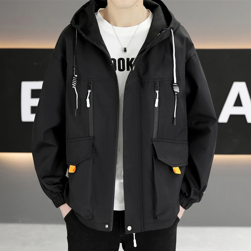 

Men's Fashion Spring Autumn Hooded Jacket Thin Polyester Standard Fit Workwear Casual Outerwear Korean Style Spring 2024