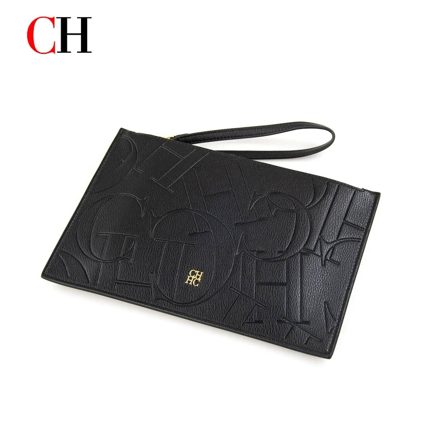 CH Women Embossed Letter Leather Wristlet Clutch Bag Elegant Mini Zipper Handbag Travel Party Daily Use