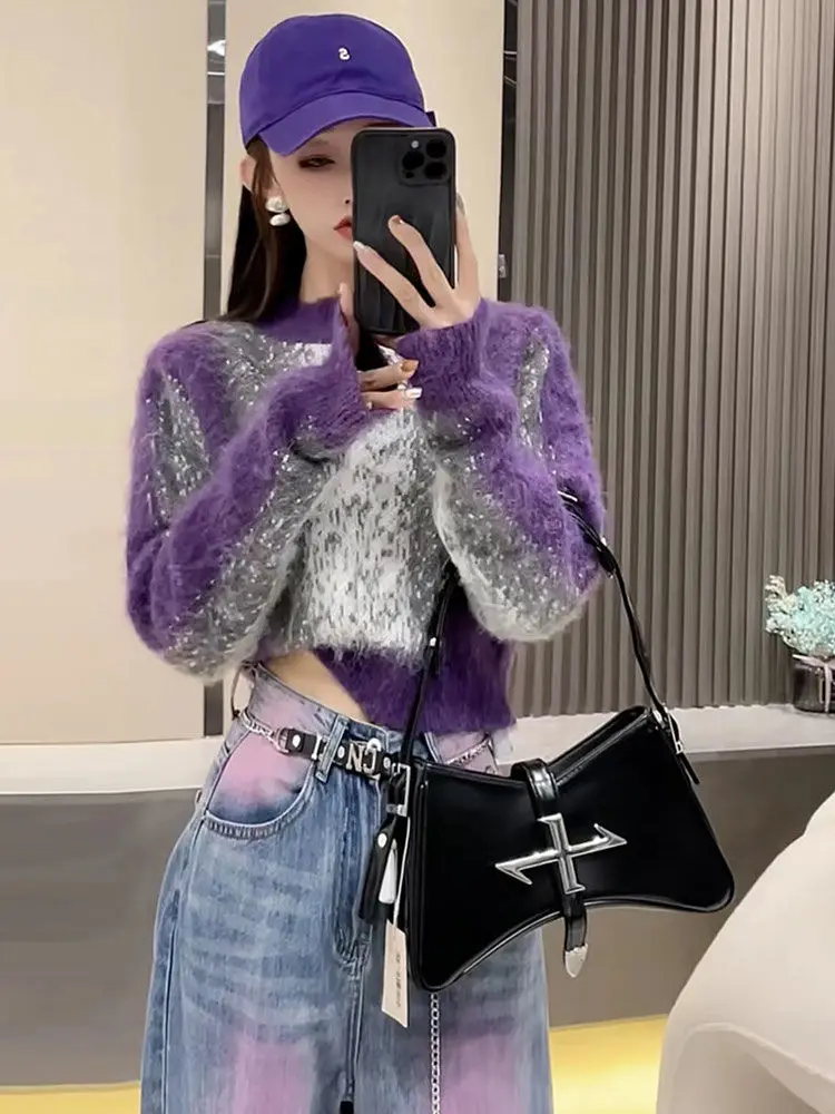 Korean Fashion Furry Contrast Color Sweater for Women 2023 New Autumn Winter Short Knitted Top Elegant Oversized  Pullovers