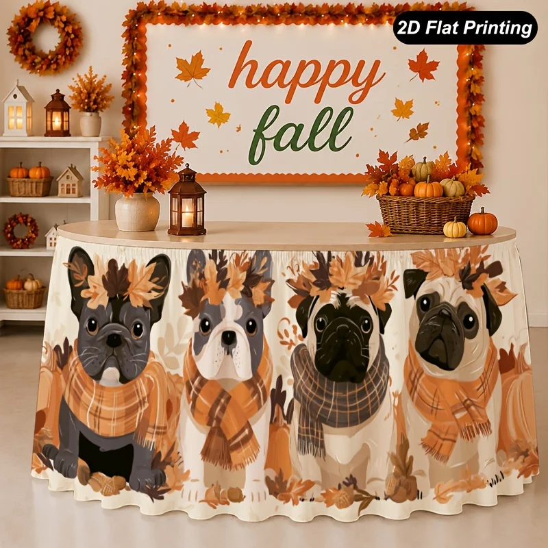 1 piece 2D flat Christmas tablecloth, autumn dog portrait table skirt
