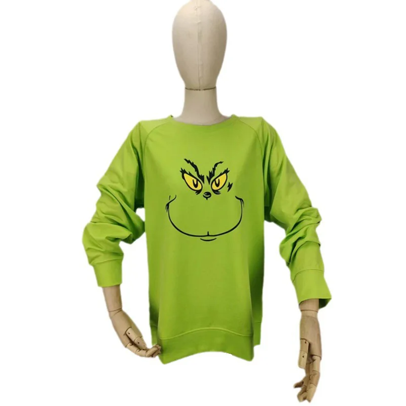 Christmas Green Haired Monster Round Neck Sweatshirt Long Sleeve Adult Sweater Tops Anime Cosplay Xmas Family Costume