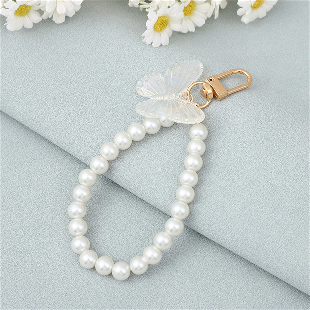 Pearl Beaded Chains Butterfly Pendant Keychain Cute Sweet Keyring For Women Girl Handmade Jewelry Handbag Decoration Accessories