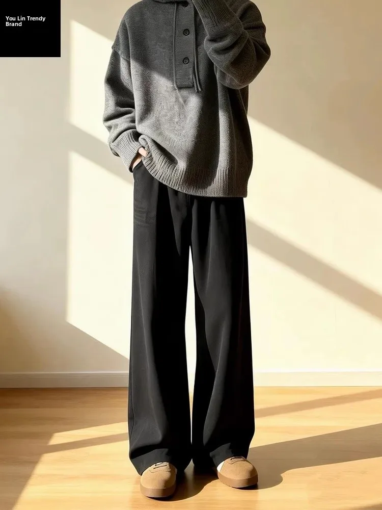 

Bla Flared Straight Leg Men's Trousers Autumn Winter Fce Lined Extended Length Suit Pants American Casual Wear