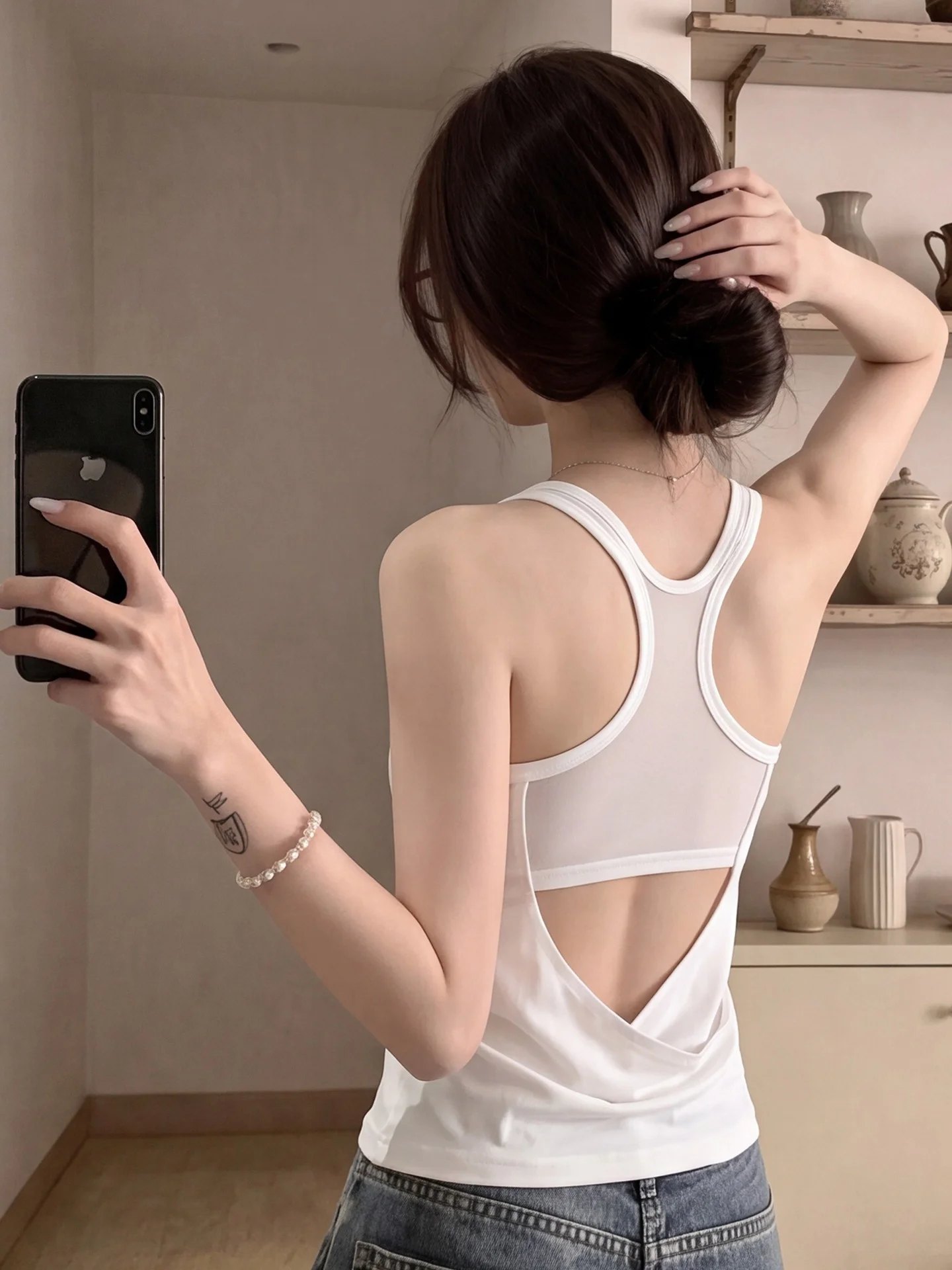 Korean Style Women's Hollow out Backless Tank Top Breathable Summer Inner Wear White Base Layer Tank for City Walk