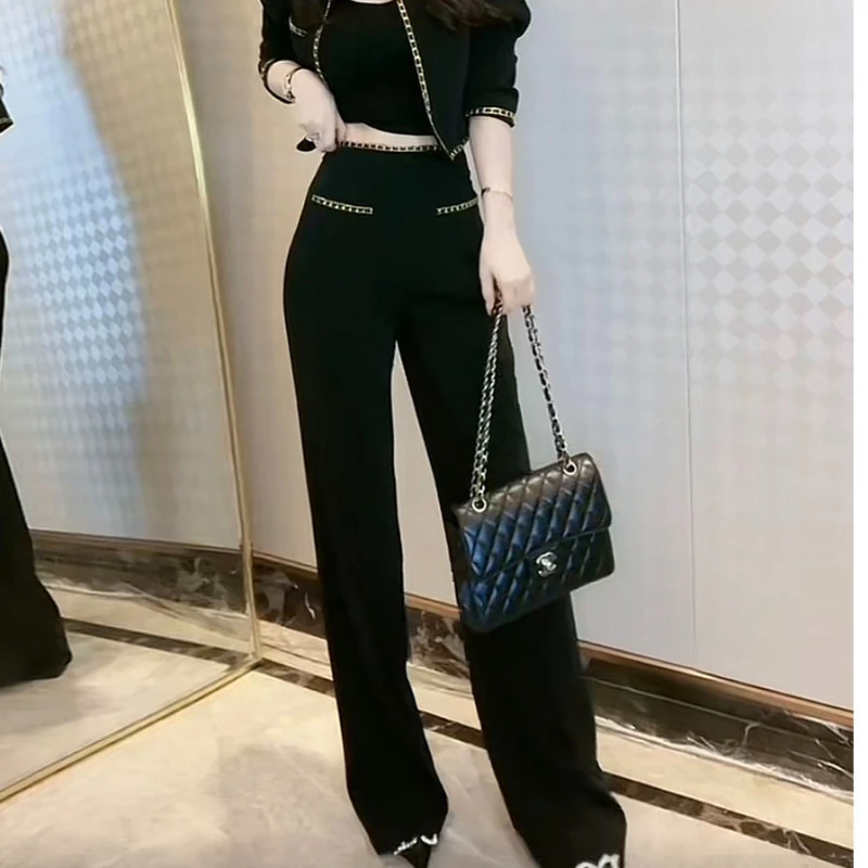 Women\'s Small Fragrant Style Short Metal Chain Blazers Wide Leg Pants Set with Retro Black Round Neck Suit  Two-piece