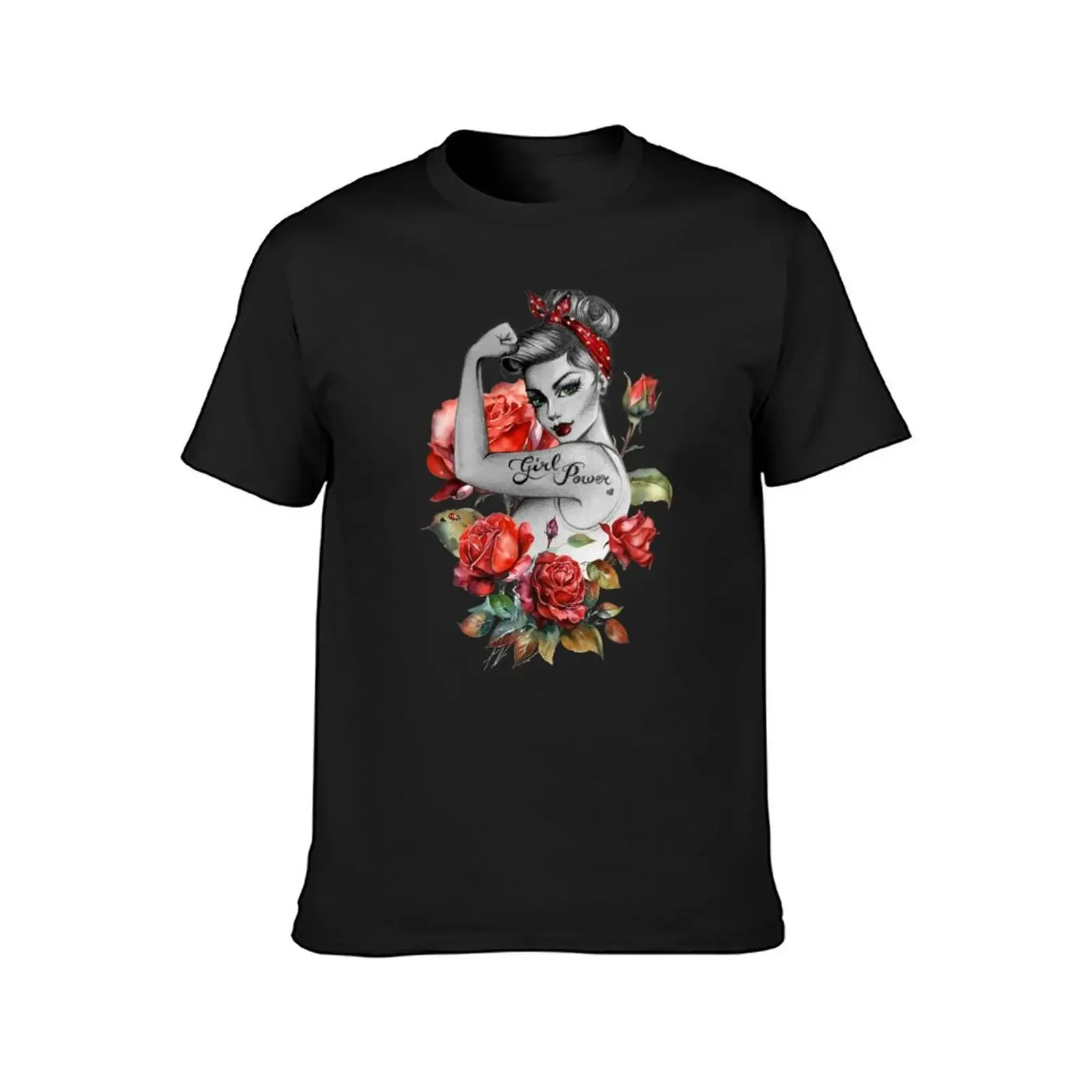 Red Roses and Ladybug Girl Power by Anne Cha Modern Rosie the Riveter T-Shirt vintage boys animal print Blouse Men's t shirts