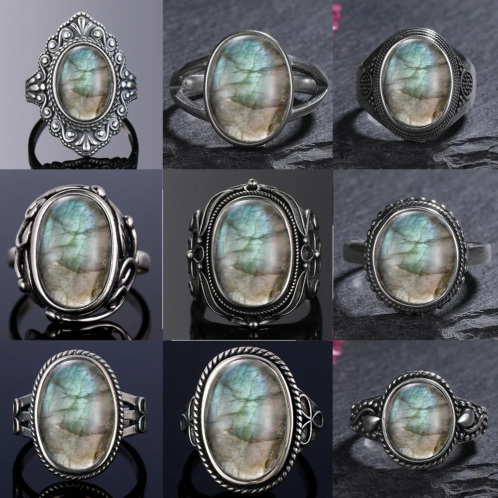 Silver Ring for Women Oval Round Natural Labradorite Ring Gift Sun Shaped Retro Luxury Fine Jewelry