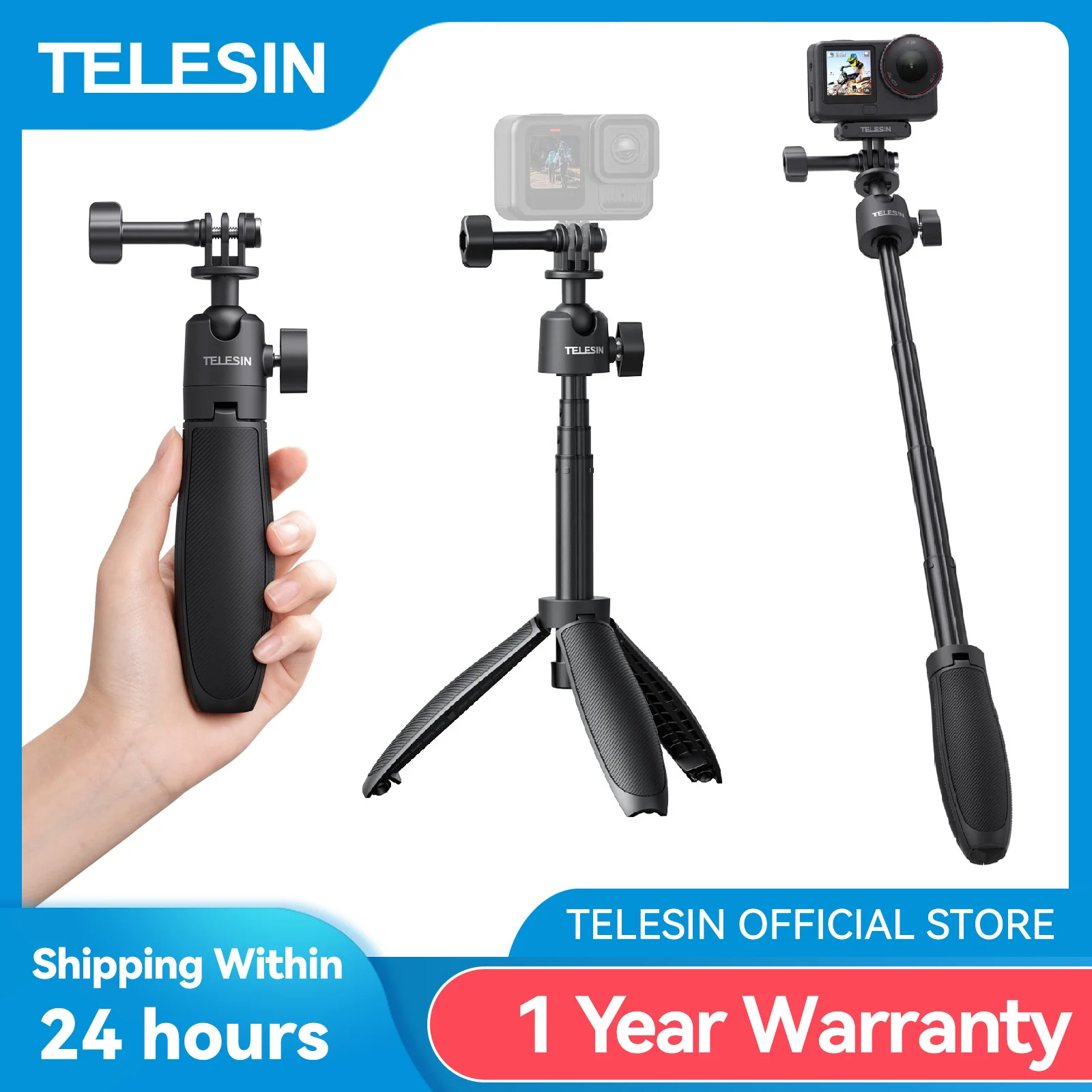 TELESIN Mini perche à selfie 3.0 360 ° Tête sphérique de roéation en alliage d'aluminium pour Gopro hero DJI OSMO Insta360, poignée de caméra d'action