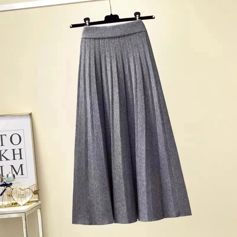 Thick Knitted Mid-Length A-Line Skirt Women's Autumn Winter College Style Pleated Skirt with Sweater Thickened Half Body Skirt