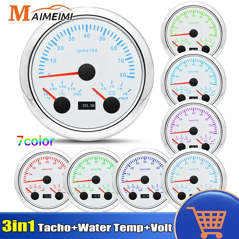 3 in 1 85MM Car Gauge 8K RPM Tachometer Water Temperature Voltmeter 8-16V 7 Colors Backlight for 12V Car Boat Marine Motorcycle