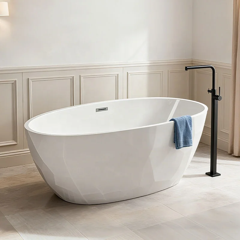 Modern Contemporary Oval Acrylic Freestanding Soaking Bathtub Factory Direct With Drain & Overflow For Bathroom Use