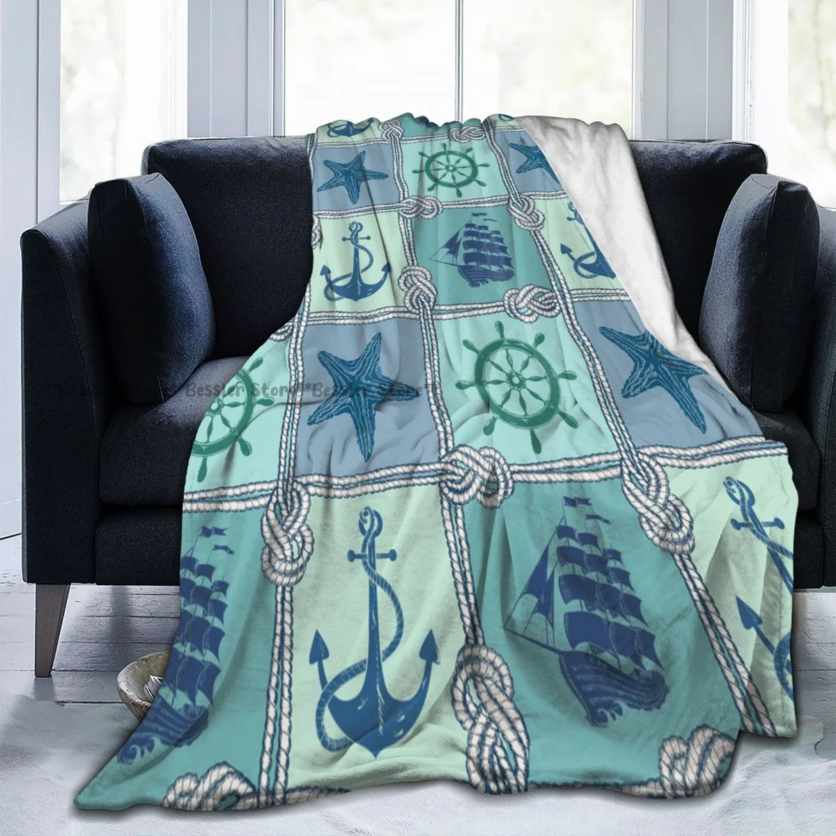 Soft Blanket Nautical Patchwork Rope Starfish Sailing Ship Anchor Helm Winter Sofa Throw Light Mechanical Wash Flannel Blanket