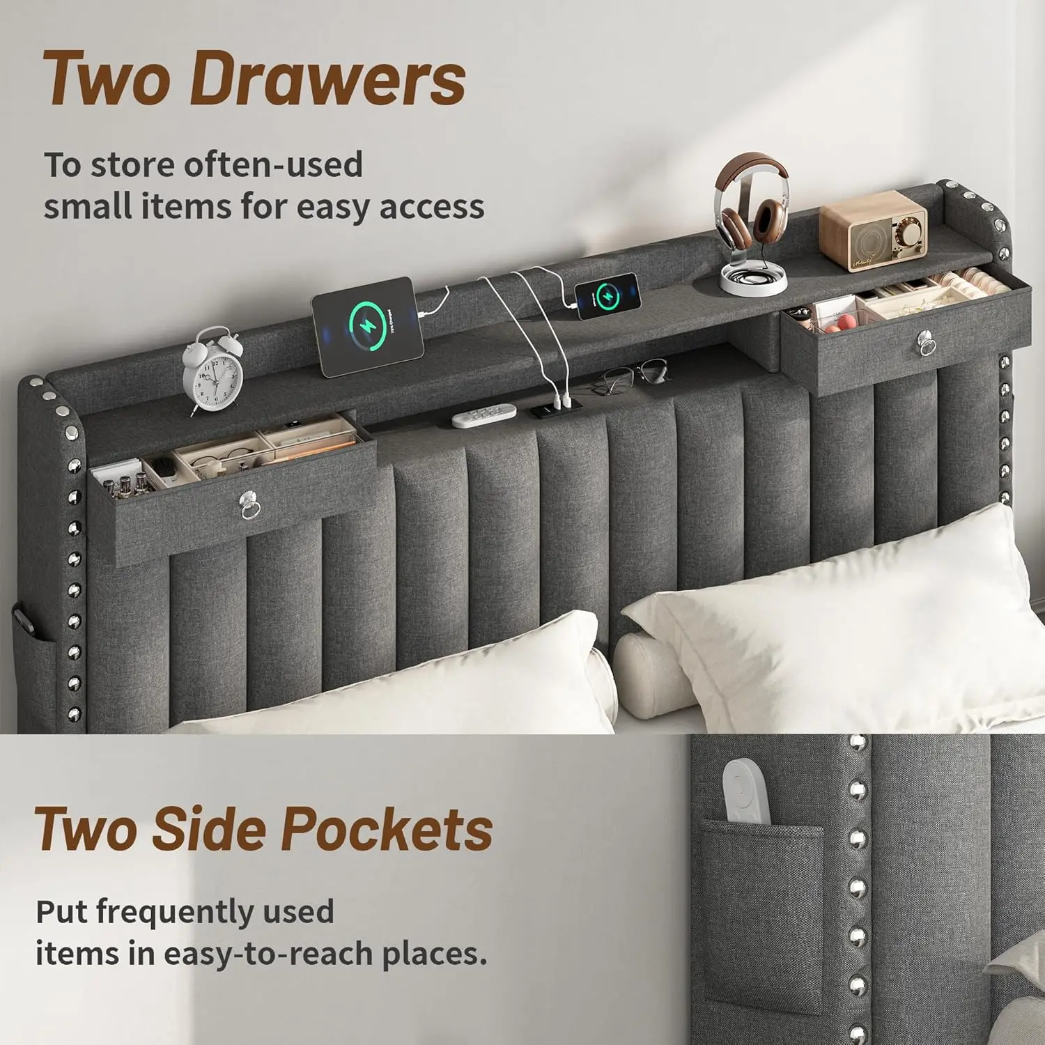 King Size Bed Frame with 4 Storage Drawers, Upholstered Platform King Bed Frame and Headboard, 3 USB & Type-C, Customized image 5