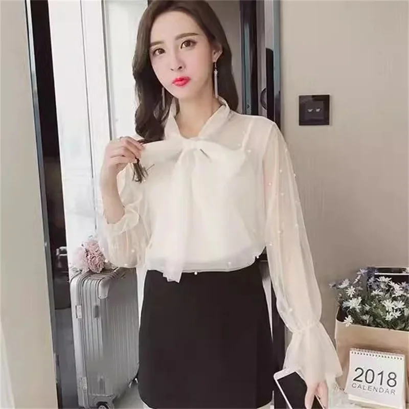 

Two Pieces Set 2025 Spring Autumn Sweet Tie Bow Lace Blouse Women Flare Sleeve Mesh Shirt Ladies Long Sleeve Blouses Short Tops