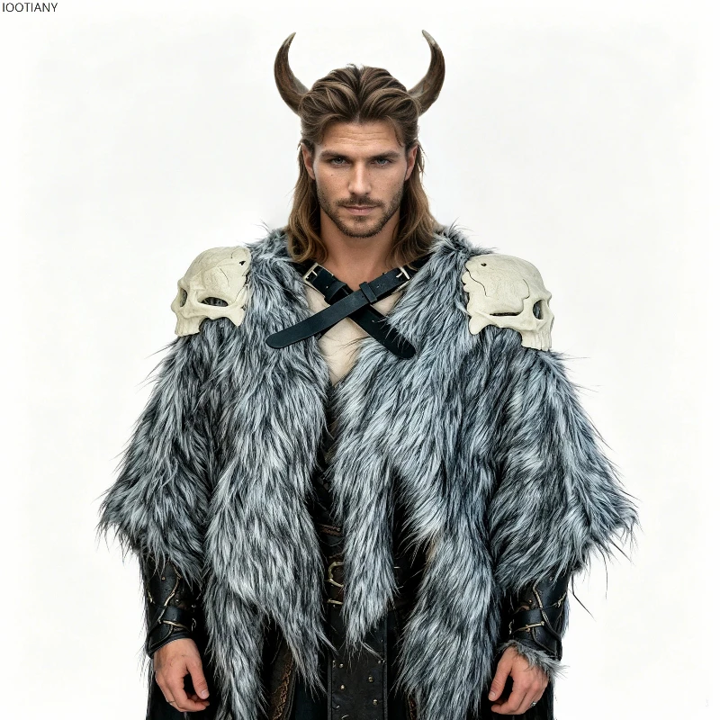 IOOTIANY Men Medieval Faux Fur Collar Retro Shoulder Wrap For Halloween Renaissance Cosplay Costume Props Norse Warrior Armor