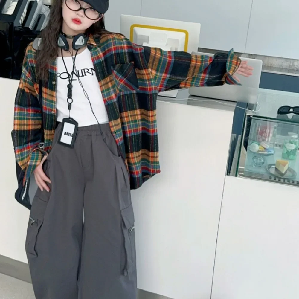 Y2k Women Shirts Plaid Design Colorful Punk Slouchy Harajuku High Waist American Style College Outwear Spring Autumn Chic Tops