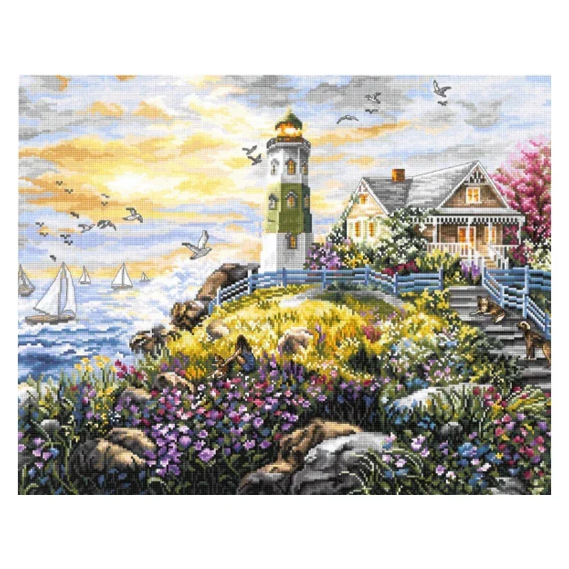 

Наборы для вышивки счетным крестом Amishop, популярная садовая вилла, морской маяк, ожидание восхода солнца, свечение, высокое качество