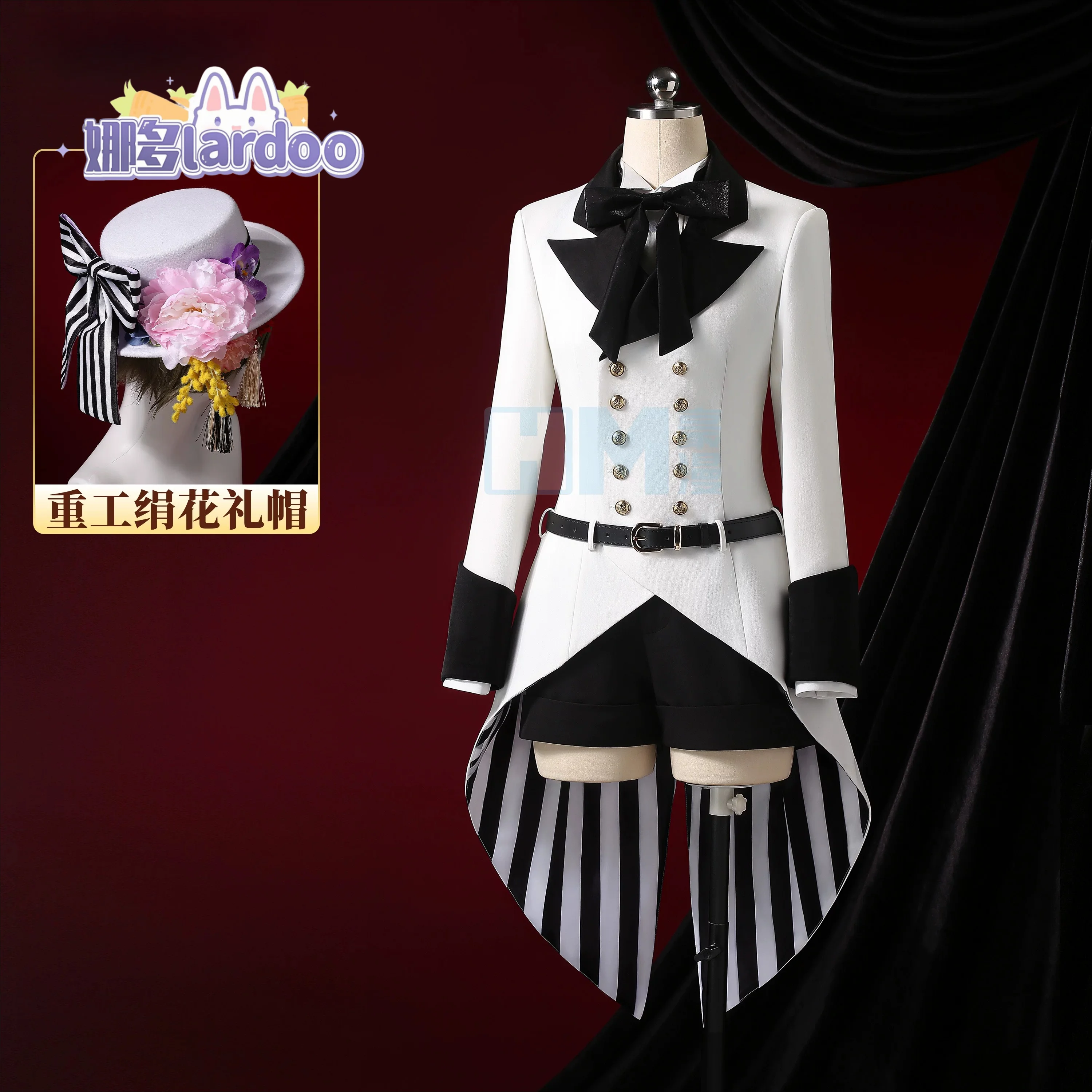 Black Butler Ciel Phantomhive Cosplay Set, White Floral Hat & Striped Formal Suit, Women Cosplay Outfit view 6