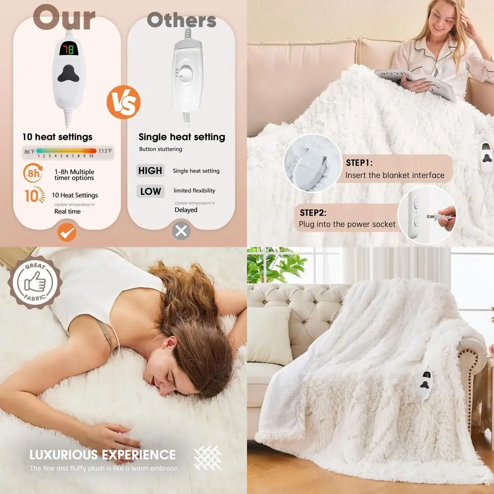 

Faux Fur Sherpa Electric Blanket, 10 Heat & 5 Timer Settings, Fast Warming, 50x60, Snow Cloud