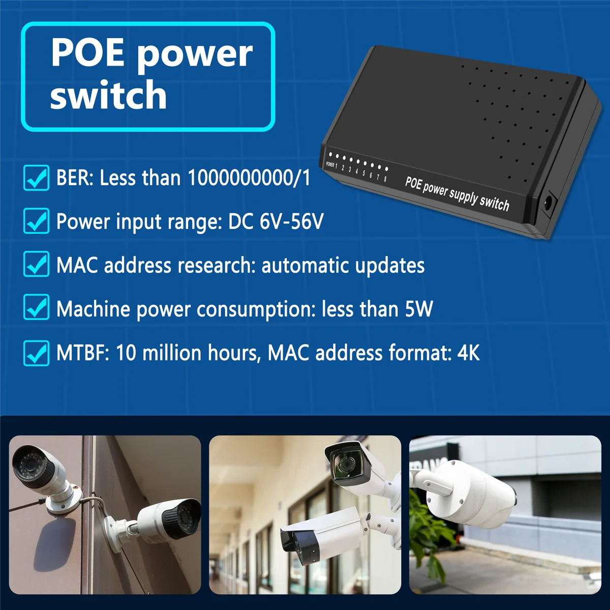 8 พอร์ต 6 + 2 สวิตช์ POE Injector Power over RJ45 Ethernet ไม่มีอะแดปเตอร์ไฟครอบครัวระบบเครือข่าย 10/100M สําหรับกล้อง