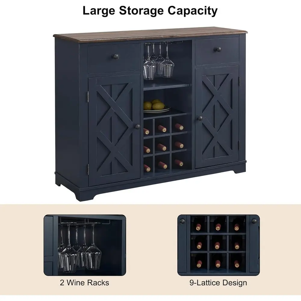 Navy Blue 47 Wine Cabinet with Rack & Lattice, Multifunctional Sideboard for Kitchen and Dining