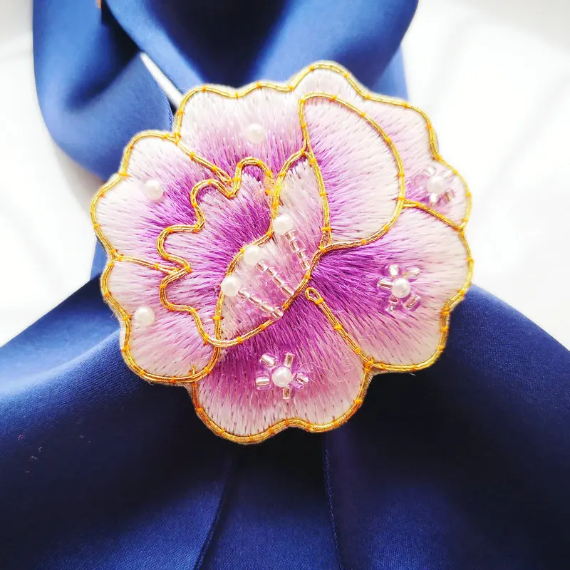 Hand-Embroidered Purple Flower Brooches Scarf Buckle Oriental Style Accessories