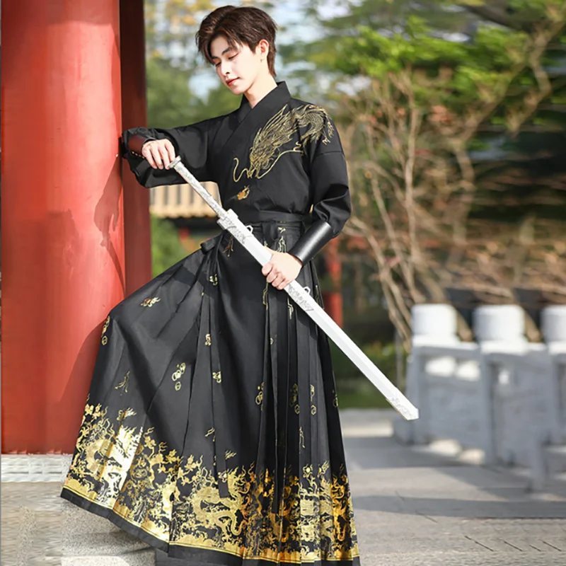 한복 말 얼굴 스커트 큰 사이즈 4XL 중국 남성 파티 의상 빈티지 한복 검은색 셔츠 주름 스커트 여성 플러스 사이즈 3XL