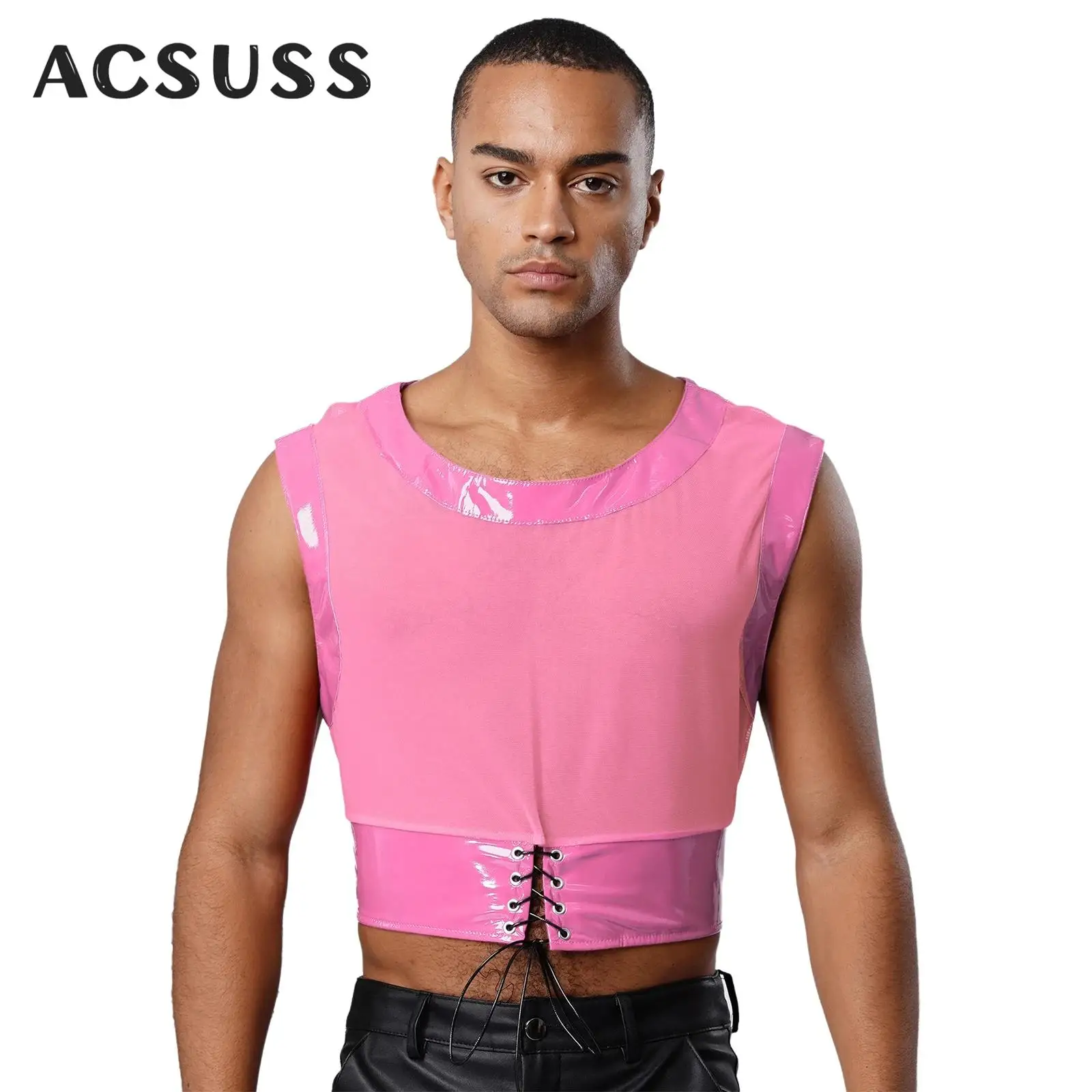 Mens Glossy Patent Leather Trim Crop Top Sleeveless See Through Mesh Muscle Showing Tank Tops Blouse Disco Rave Party Clubwear