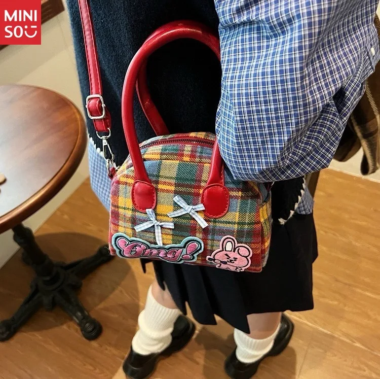 Miniso Korean Style Ins Plaid Hello Kitty Handbag, Cute Bow & Star Crossbody Shoulder Bag