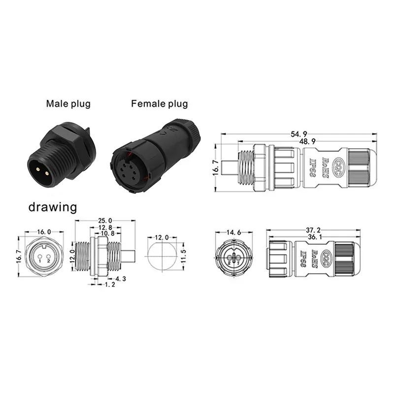 Outdoor M12 2 3 4 5 6 7 8 Pin Connector Waterproof Dockin Plug Front Panel Flange Seat 5/15A Opening 12mm Male Female Joint IP68