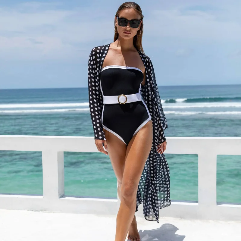 New 2024 Bandeau Color Block One Piece Complete Dots Designer Sexy Porn Suits Swimsuit Fashion Women Bikinis Summer