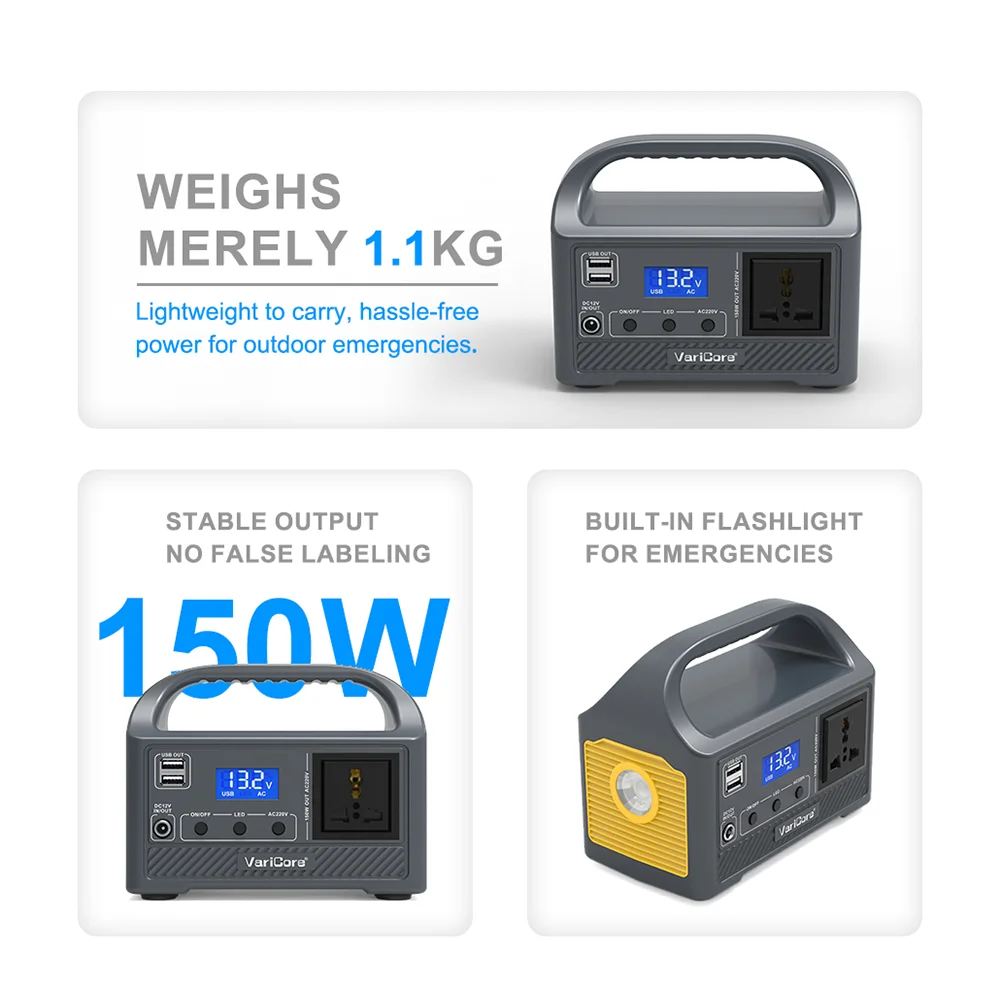 محطة طاقة محمولة VariCore بقدرة 150 وات 300 وات 12 فولت بطارية LiFeP04 مع منافذ تيار متردد 220 فولت لوحة طاقة شمسية LED للتخييم في الهواء الطلق RV Home