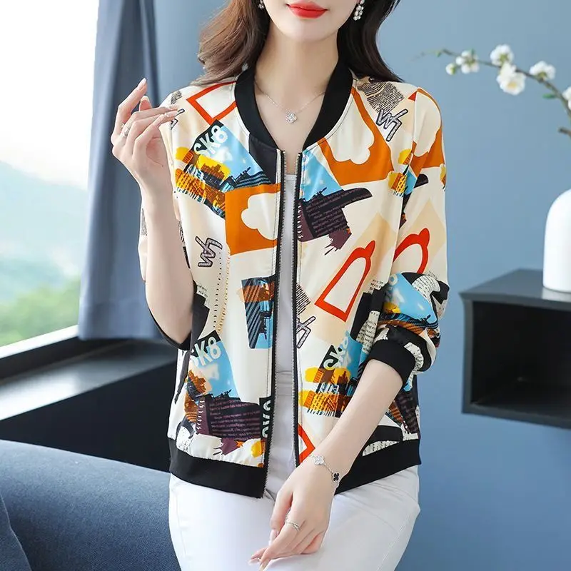 Large Size Chiffon Print Long Sleeve Jacket Women Summer Thin Coat Sun Protection Zipper Baseball Uniform Fashion Cardigan Z966