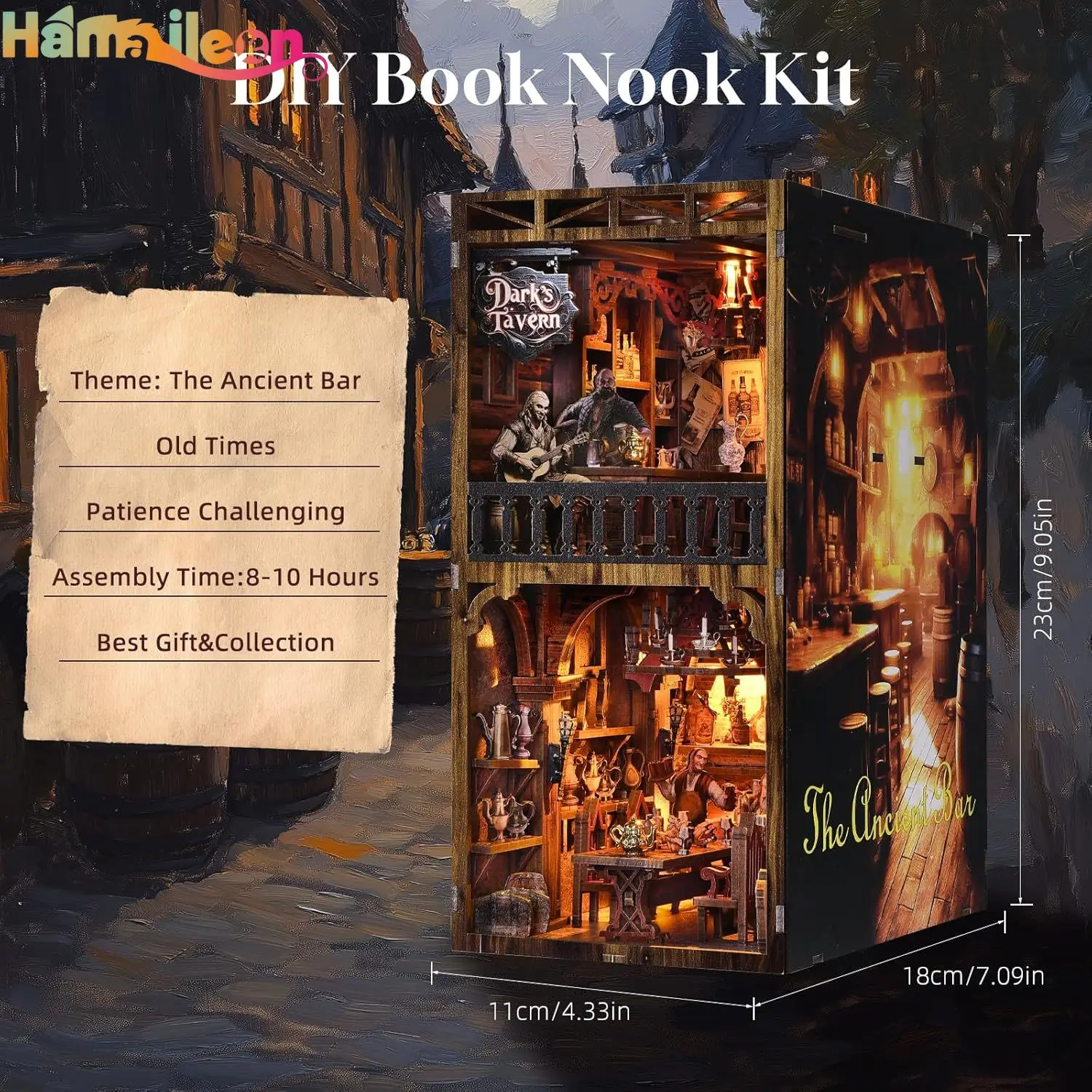 Hamaileon DIY Book Nook Kit 3D Wooden Puzzle Dollhouse Booknook Bookend, Miniature Model Building Bookshelf (Dark's Tavern)