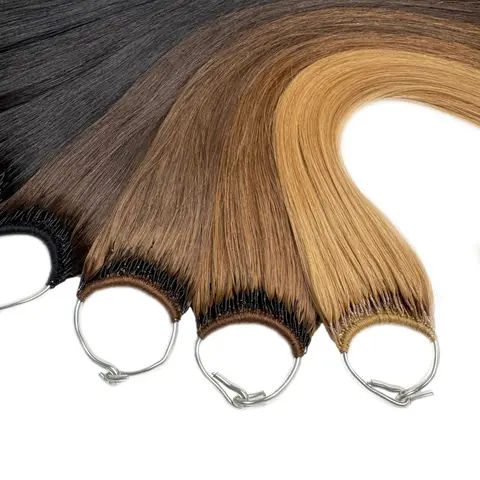 Estensione dei capelli in cotone coreano Capelli umani al 100% Filo di cotone Gemelli Punta dei capelli Estensione dei capelli con piume doppie disegnate Colore naturale