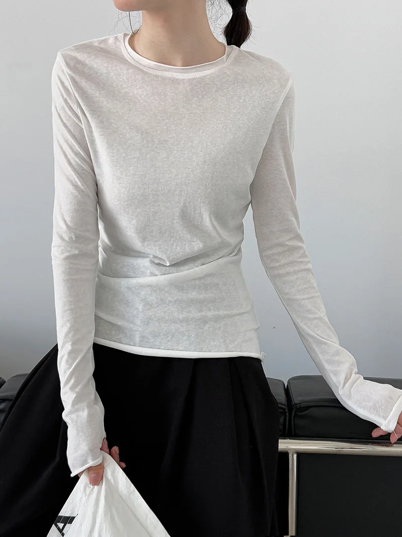 UMI MAO الكورية نمط تنوعا توالت هيم الجولة الرقبة تي شيرت قاعدة قميص للنساء الخريف جديد كم طويل سليم صالح