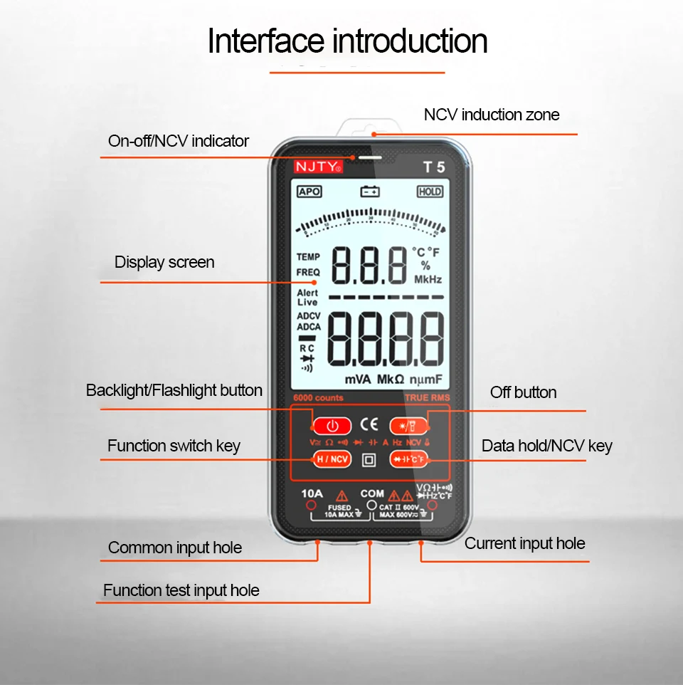 NJTY T5 multimetro digitale misuratore tascabile elettrico gamma automatica tensione AC/DC Tester corrente schermo LCD NCV True RMS Smart Tools