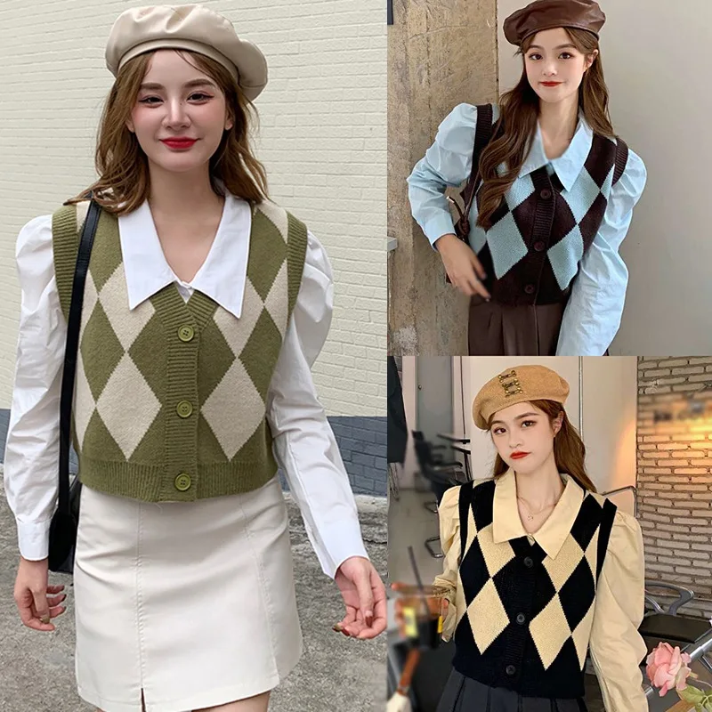 Argyle Sweater Vest For Women Sleeveless V Neck Loose Fit Knitted Vest Preppy Style Button Down Autumn Knitwear Top