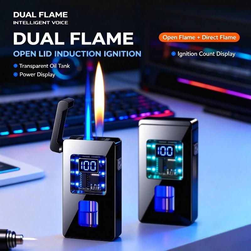 2027 Intelligent Voice Controlled Ignition Dual Flame Butane Gass Lighter Visual Gass Window Outdoor Portable Electric Lighters