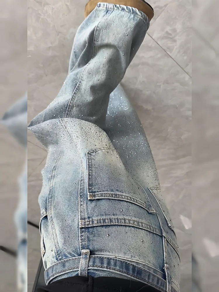 Retro American Design Rhinestone Splicing Denim Loose Women's Lazy Style Fleece Lined Floor Length Trendy Jeans