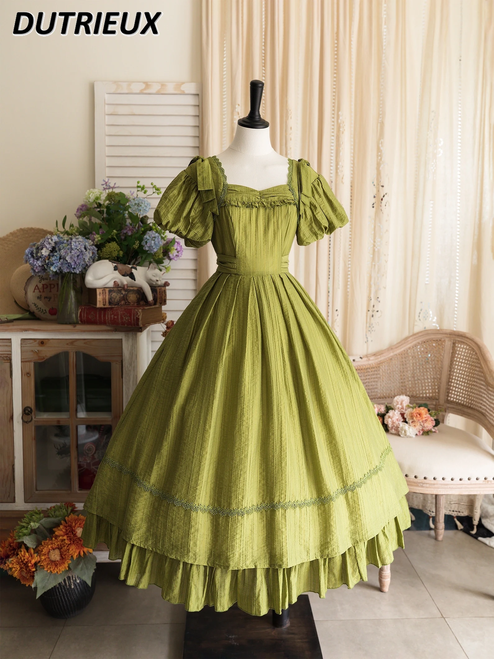 Japanese Original Retro Pastoral Elegant Summer Short-sleeved Dress Sweet Girls Square Neck High Waist Long Solid Color Dresses