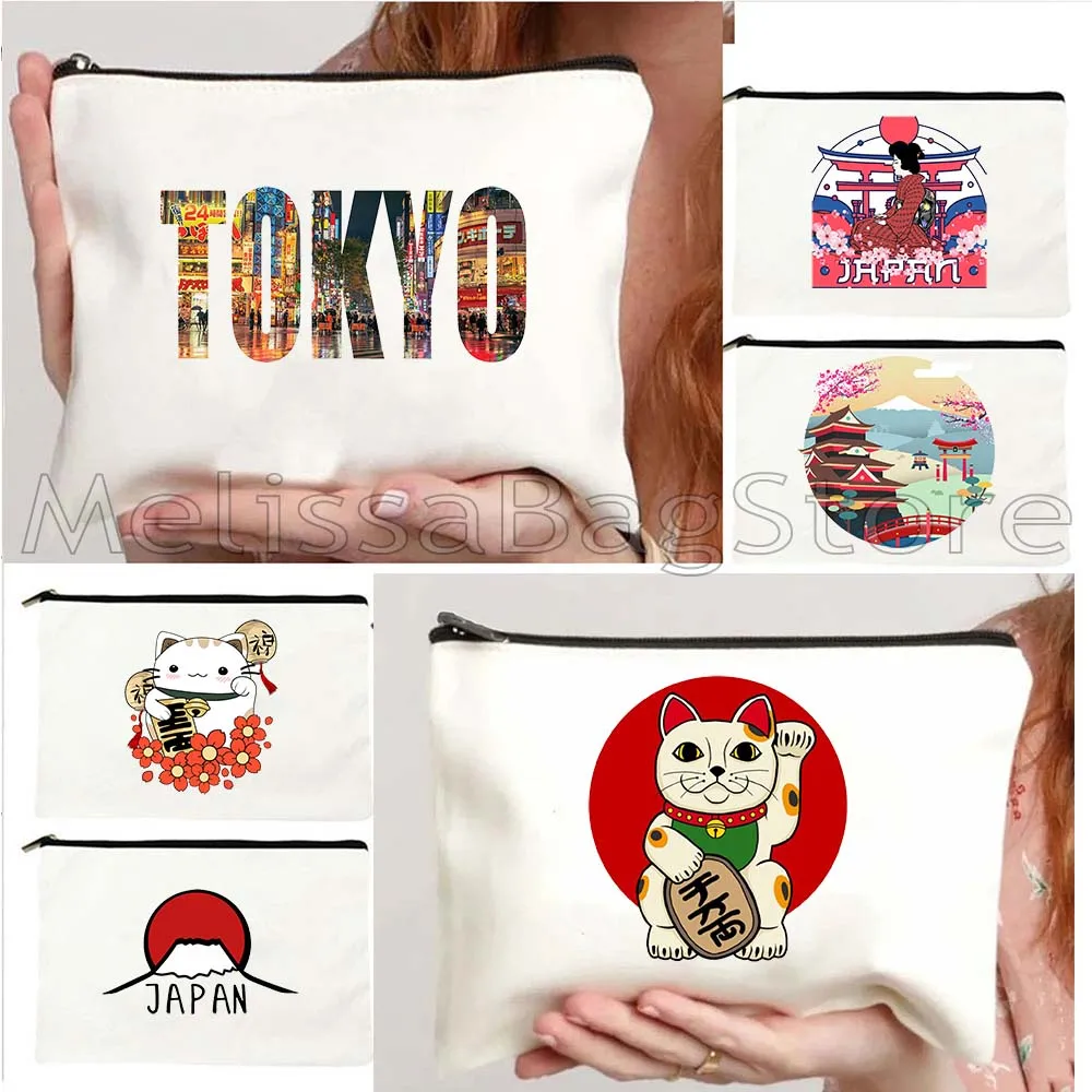 TOKYO Maneki Neko Cute Japanese Lucky Cat Mount Fuji Janpan Style Print Canvas Cosmetic Bag Makeup Toilet Bag Pencil Case Pouch