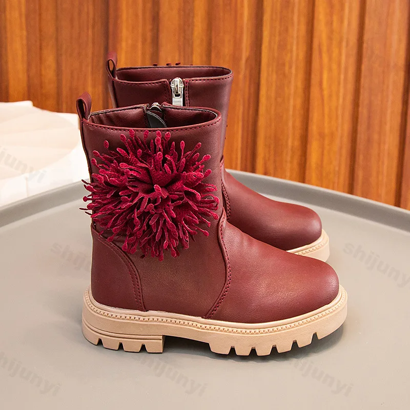 Girls Princess Boots Fashion Soft Soled Flower 2025 Winter Autumn Children Boots Mid Top Solid Color Side Zippers Leather Boots
