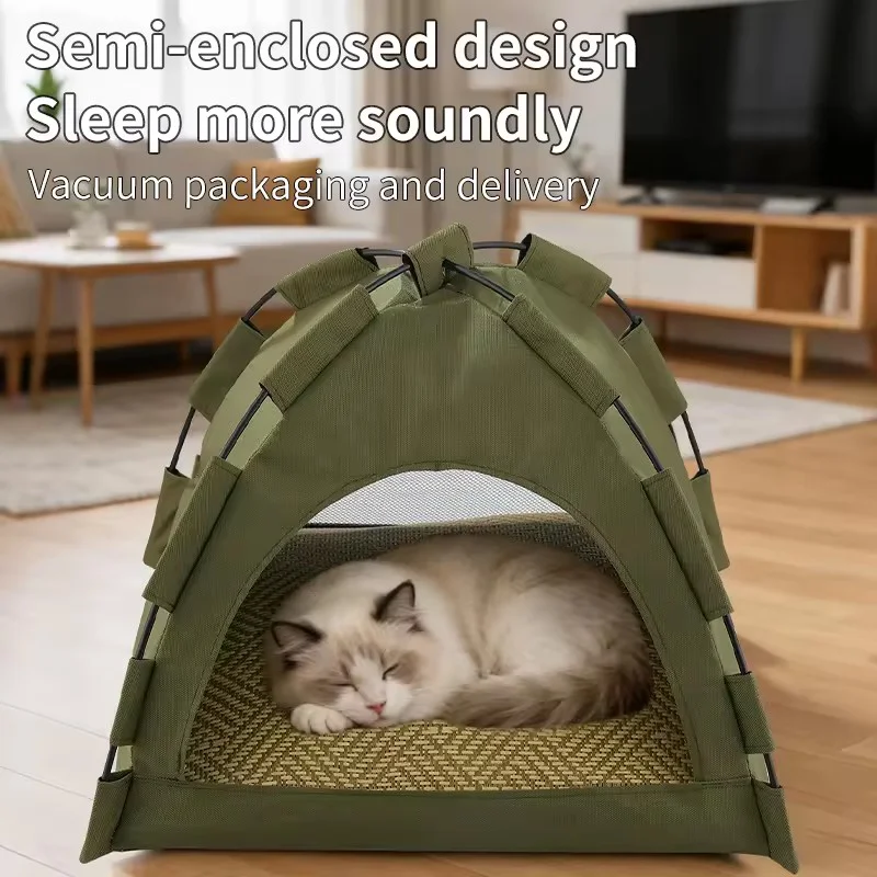 Portable Foldable Cat Tent Bed Breathable Oxford Cloth Pet House With Double‑Sided Mat Summer Cooling Cat Cave For Indoor Outdoo